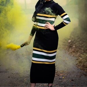 Striped Black Sweater dress with Green and Yellow